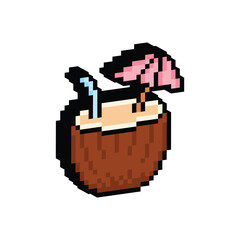 3D isometric pixel art coconut drink 8 bit vector icon for computer game, logo