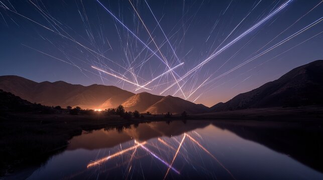 Timelapse of meteor trails forming a celestial web over mountains, mirrored in a tranquil lake below.