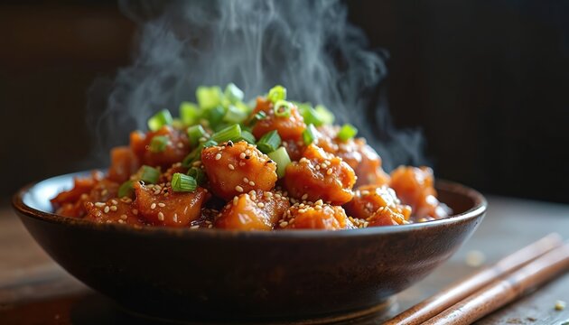 Hot steaming chicken dish in bowl. Sweet savory sauce glazed pieces garnished with green onions sesame seeds. Asian food served with chopsticks.