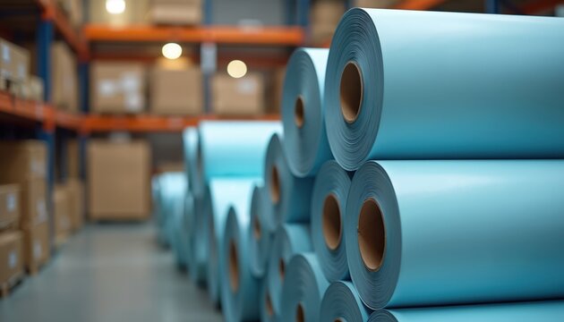 Large blue paper rolls stacked in warehouse on shelves. Material stock for printing and production. Industrial storage and manufacturing. Supply chain logistics. Bulk product.
