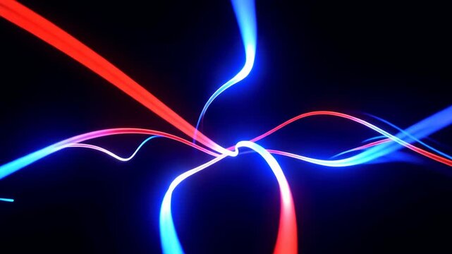 Abstract glowing lines of red and blue energy flowing across a dark background for futuristic technology and motion graphics
