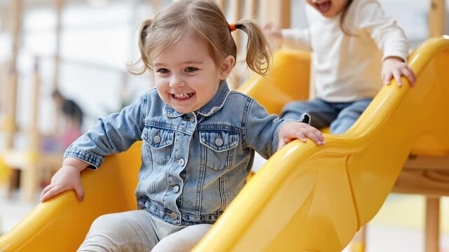 two happy little girls sliding down yellow playground slide indoors and laughing together during playtime