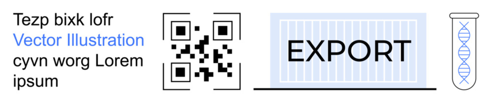 Logistics, technology, genetics, barcode use, shipping, scientific research. QR code, export text and DNA helix icon are visible. Logistics and technology efficient operations and innovation