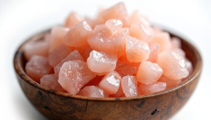 Pink Himalayan salt chunks fill a rustic wooden bowl. These natural mineral crystals are ideal for cooking, spa, and wellness uses. They add unique flavor and healthy benefits to food.