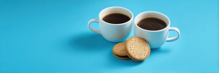 Two cups of coffee with biscuits on bright blue background