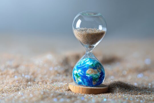 Hourglass with earth base on sandy surface reflecting passage of time and global change