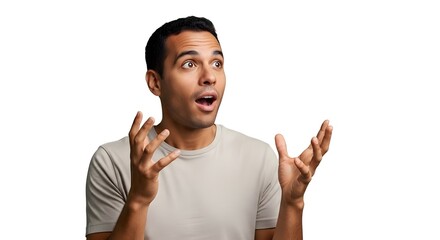 Surprised Man Gesturing on White Background