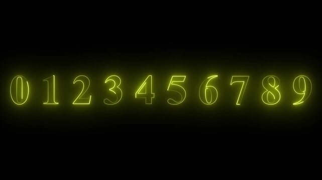 Neon 0-9 number mathematics text icon animation on black background. Glowing neon 0-9 motion graphics animation. Number 0-9 vector illustration. Digits with glowing lights and bulbs.