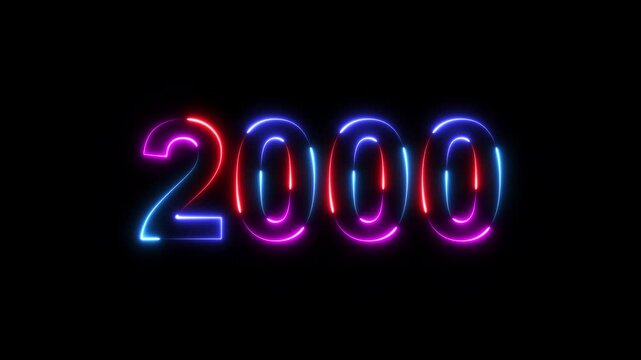 2000 neon line text. Happy new year 2000 neon line text animation. Glowing four color light numbers on dark background 4k. 2000 neon glow text animation background.