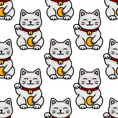 Obraz premium Seamless vector pattern of cute Maneki Neko cats with golden coins, white background