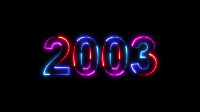 2003 neon line text. Happy new year 2003 neon line text animation. Glowing four color light numbers on dark background 4k. 2003 neon glow text animation background.