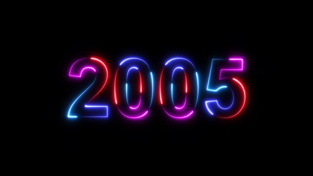 2005 neon line text. Happy new year 2005 neon line text animation. Glowing four color light numbers on dark background 4k. 2005 neon glow text animation background.