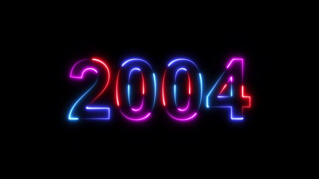 2004 neon line text. Happy new year 2004 neon line text animation. Glowing four color light numbers on dark background 4k. 2004 neon glow text animation background.