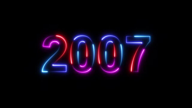 2007 neon line text. Happy new year 2007 neon line text animation. Glowing four color light numbers on dark background 4k. 2007 neon glow text animation background.