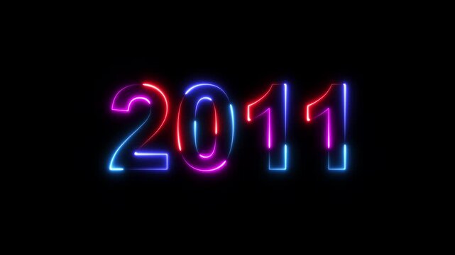 2011 neon line text. Happy new year 2011 neon line text animation. Glowing four color light numbers on dark background 4k. 2011 neon glow text animation background.
