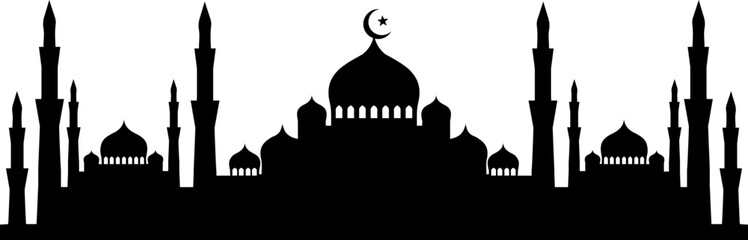 Ramadan Kareem Islamic Mosque Silhouette with Crescent Moon Traditional Architecture Background Illustration