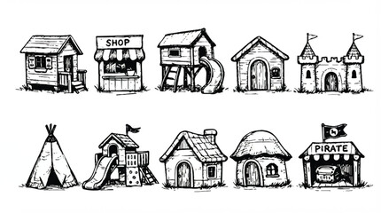 Obraz premium black and white illustration of various fantasy houses and buildings