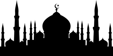 Ramadan Kareem Islamic Mosque Silhouette with Crescent Moon Traditional Architecture Background Illustration