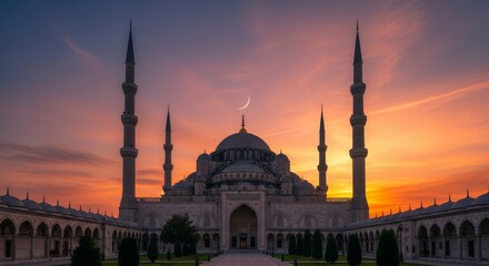 Naklejka premium A serene mosque stands tall with minarets and a large dome at sunset, surrounded by lush greenery and arches, viewed from a distance.