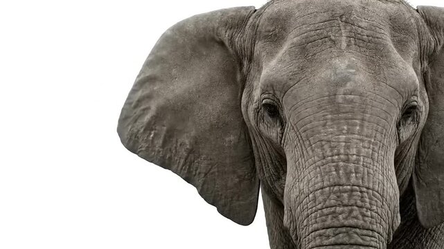 Close up of an African elephants face with large ears and textured skin.