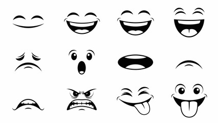 A collection of various cartoon facial expressions on a white background, showcasing different emotions in a flat, graphic style. © AldiSetiawan07