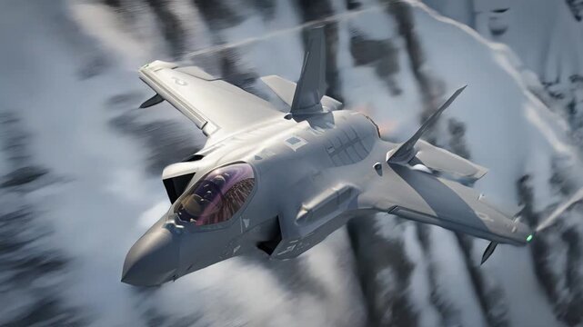 Covert fighter glides past frostcovered peaks with reflective canopy in cold air
