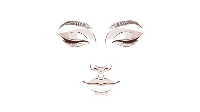 Digital illustration of a woman's face with closed eyes and abstract makeup on a white background with soft pink tones.