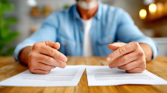 Hands comparing two printed documents on a wooden table for contract review and negotiation marketing banner promoting legal and financial services and document comparison