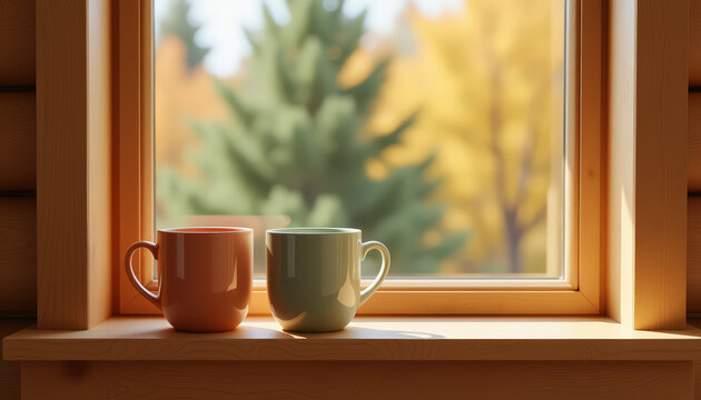 High fidelity image of two coffee mugs by a sunny window with forest view