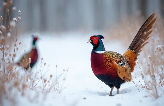 Colorful male pheasant bird stands in snow looking for food. Another pheasant is blurred in background. Winter forest scene with dry plants and falling snow. Birdwatching in cold season.
