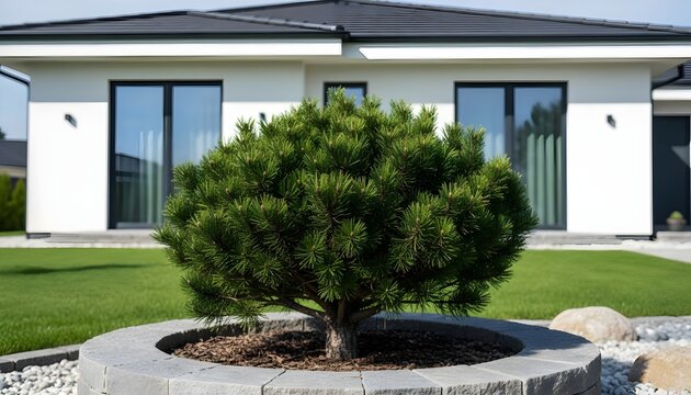 Modern home with beautifully landscaped garden and small pine tree