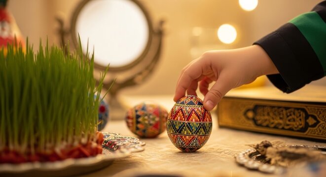 A hand decorates an egg with traditional patterns on a table set for Nowruz celebration surrounded by wheat grass and symbolic items indoors