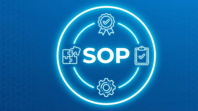 Standard Operating Procedure SOP Concept with Quality Management Workflow, Process Standardization and Compliance Checklist Icons