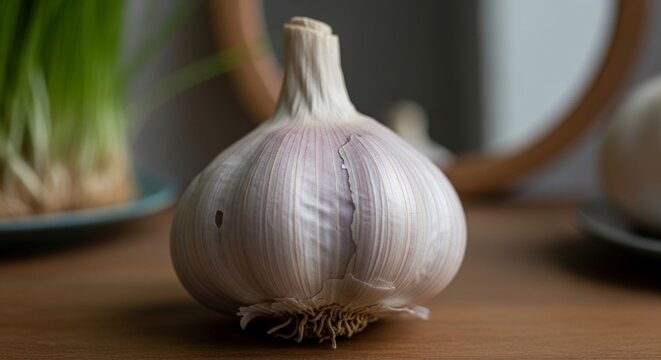 A single garlic bulb centered on a wooden table, captured from a front viewpoint, surrounded by blurred kitchen environment and ingredients