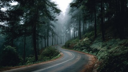 Obraz premium A winding road through a misty forest, tall trees on both sides and lush green undergrowth. Concept Misty forest road, Tall trees framing the path, Lush green undergrowth, Moody foggy atmosphere