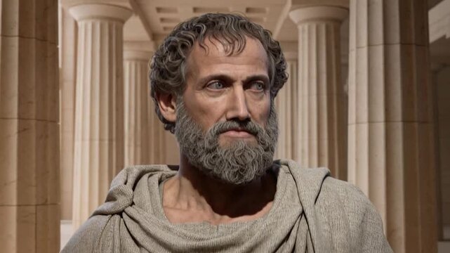 Ancient Greek philosopher in classical toga standing before marble columns depicting wise Hellenistic thinker, stoic teacher and historical intellectual from Athens golden age