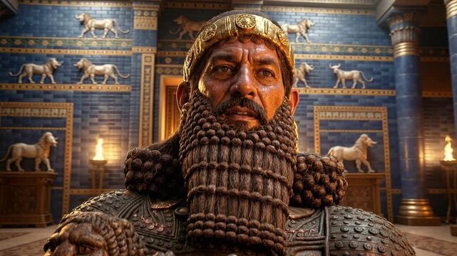 Ancient Mesopotamian king in ornate royal attire and crown before decorated palace walls depicting early civilization ruler, Sumerian or Babylonian emperor and cradle of civilization leader