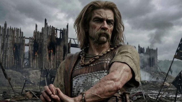 Ancient barbarian warrior with sword standing before ruined fortress depicting medieval tribal fighter, fierce conqueror and historical warrior culture from dark ages era