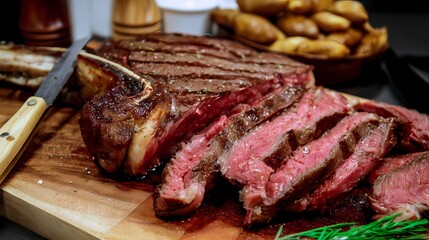 Sliced Grilled Rib Eye Steak Medium Rare with Side Dish on Board