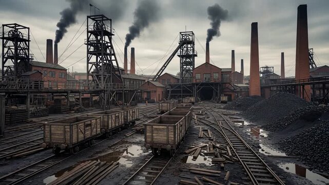 Industrial Railway Scene, Massive Factory Site With Trains And Smoke