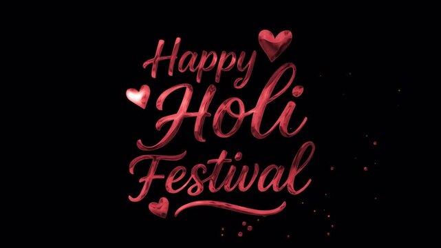 Digital illustration of Happy Holi Festival text in pink script with hearts on a black background