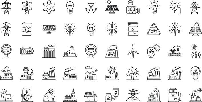 Sustainable Energy and Industrial Power Generation Line Icon Set with Solar Panels Wind Turbines Nuclear Plants Power Lines and Factories