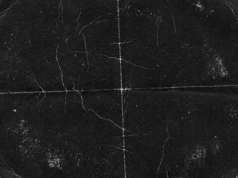 Gritty Folded Paper Texture Overlay. Distressed Creased Black Paper Background. Grunge Analog Scan Surface, Film  Texture
