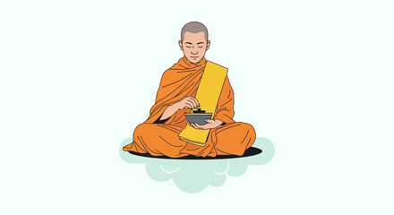 Buddhist monk meditating peacefully in traditional orange robes. © Muginandaru