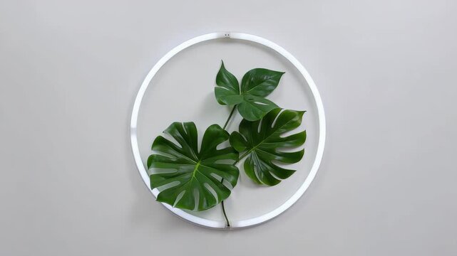 Monstera deliciosa leaves in a modern neon light circle on grey background minimalist aesthetic with copy space