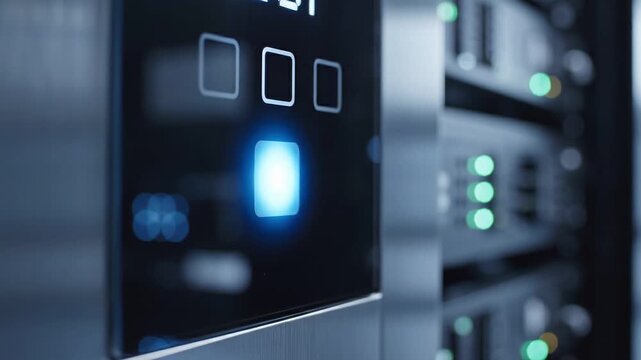 touchless invention concept. Finger pressing illuminated elevator button on modern control panel