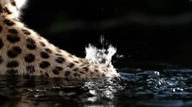Close-up of a leopards paw stepping into dark water creating ripples and splashes.
