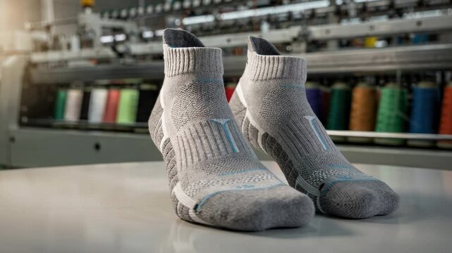 Medium shot of cushioned sports socks with reinforced zones highlighting advanced knitting for running and cycling performance in a dynamic production setting.