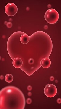 A vibrant red heart surrounded by smaller red bubbles on a dark red background