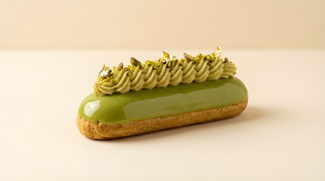 Luxury Pistachio &Eacute;clair with Glossy Mirror Glaze and Decadent Gourmet Pastry Perfection Elegant Dessert Displays
